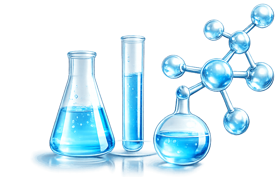 Laboratory glassware and molecular model
